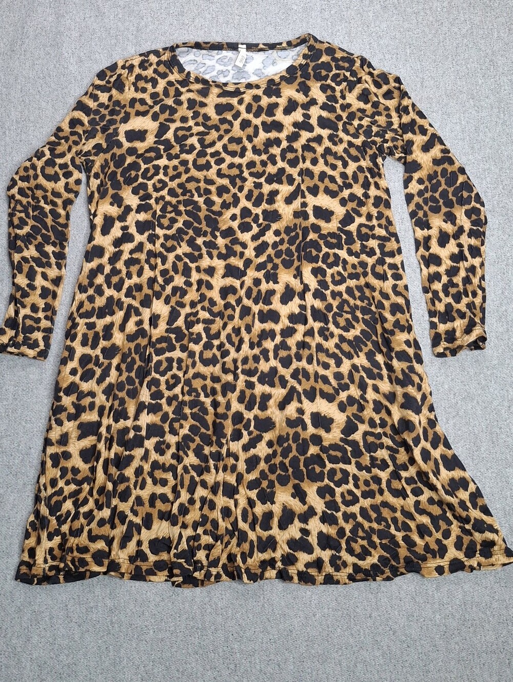 Girls Leopard Print Long Sleeve Stretch Dress With Pocket Size Large Twirl Dress